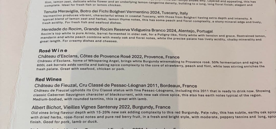 Concorde Lounge wine menu