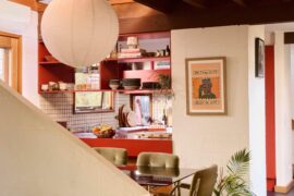 Kitchen and dining space with exposed beams in a 1970s house, Clifton Hill, Melbourne, Victoria, Australia [4000x5200]