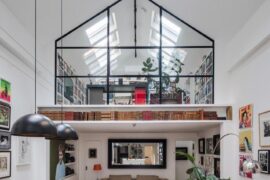 Mezzanine study and home office overlooking a double-height living space with skylights, South Kensington, London, UK [712x1067]
