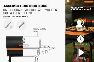 Royal Gourmet®CC1830V BARREL CHARCOAL GRILL WITH WOODEN SIDE & FRONT SHELVES