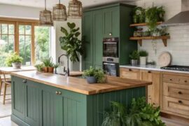 Green Cabinets and Wooden Beams