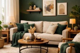 Warm Minimalist Interior with Forest Green Accent Wall