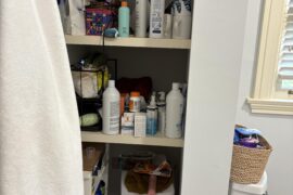 How do I fix these “built in” (terrible) open bathroom shelves