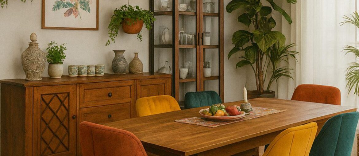 Warm vintage-inspired dining room with lots of plants