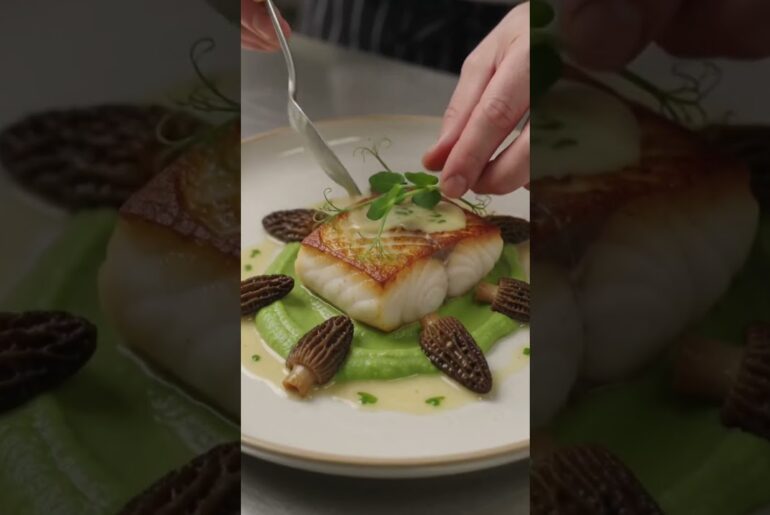 😋❤️French — Pan-Seared Halibut with Champagne Beurre Blanc, Pea Purée & Morel Garnish #shorts