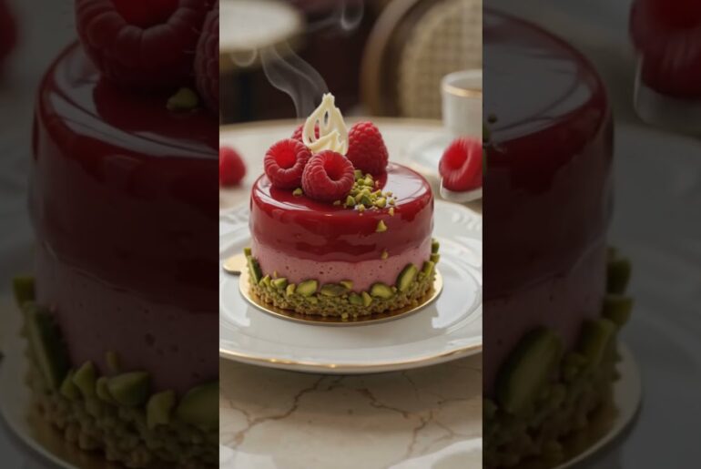 Raspberry Pistachio Entremet Glaze ASMR | #shorts #raspberrycake   #asmr #entremet