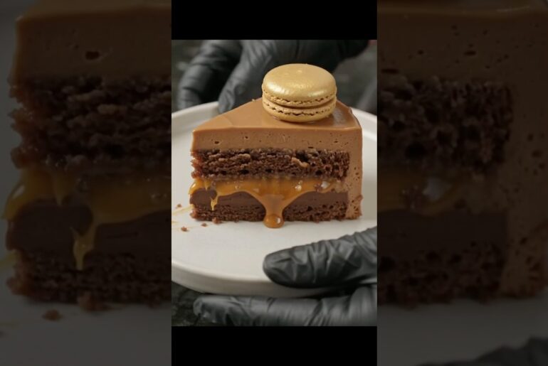 🍫 Signature Chocolate Caramel Layer Cake Slice | Topped with a French Macaron ✨