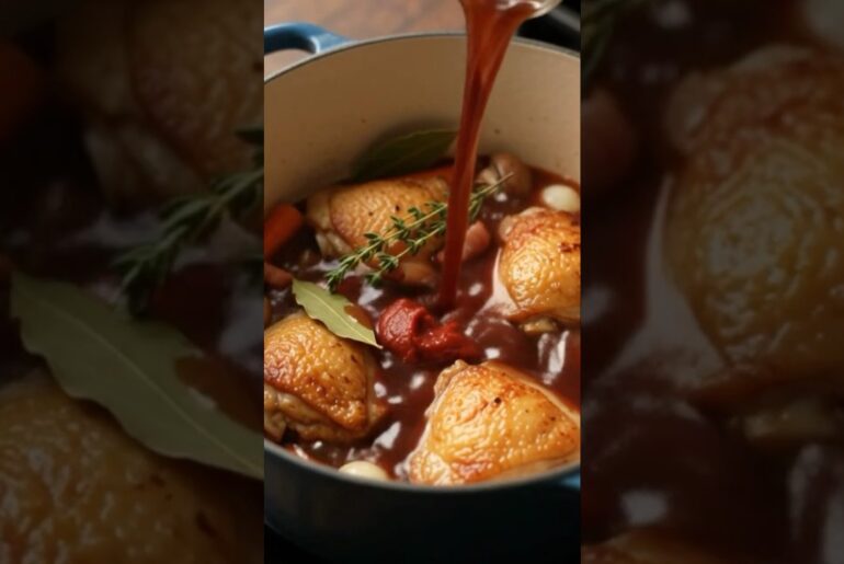 Coq au vin ,France on a Plate Tender chicken, rich red wine sauce, and irresistible French comfort