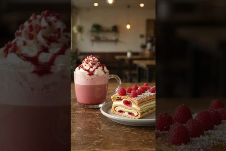 A Luxurious Ruby Chocolate Raspberry Latte & Raspberry Pistachio Mille-Feuille Noon at Café de Lucia